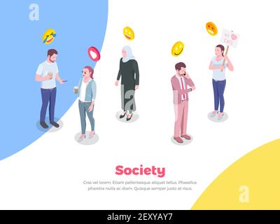 Society people isometric background with doodle style human characters and emoji smiles emoticons with editable text vector illustration Stock Vector