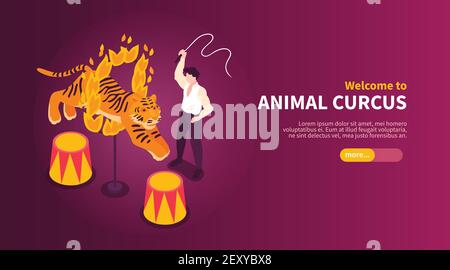 Isometric circus performers show horizontal banner with images of wild animal tamer and tiger with text vector illustration Stock Vector