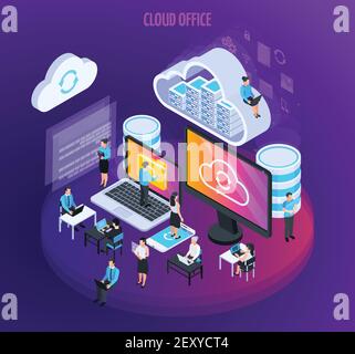 Cloud services isometric composition with small figures of people computer screens icons and flat silhouette pictograms vector illustration Stock Vector