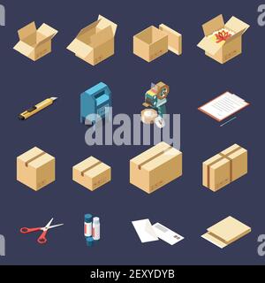Cardboard delivery boxes and tools for packaging isometric icons set isolated on blue background 3d vector illustration Stock Vector