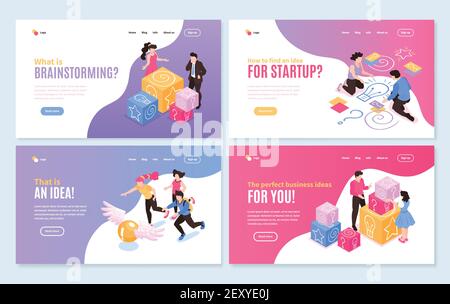 Isometric teamwork brainstorming horizontal banners collection of four isolated compositions with editable text links and images vector illustration Stock Vector