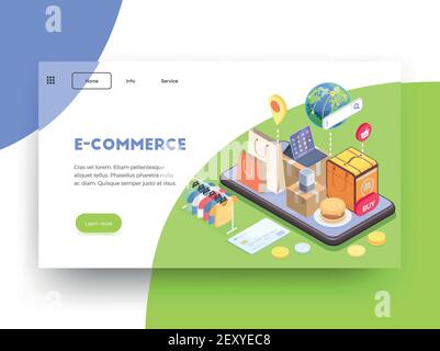 Shopping e-commerce isometric landing page website design background with text images clickable links and buttons vector illustration Stock Vector