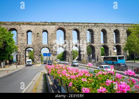 Istanbul, Turkey - May 7, 2017: The Valens Aqueduct  is a Roman aqueduct which was the major water-providing system of the Eastern Roman capital of Co Stock Photo