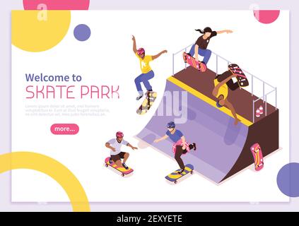 Isometric skateboard concept banner composition with images of skateboarder characters on quarter pipe with editable text vector illustration Stock Vector