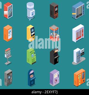 Set of isometric icons with various vending machines on turquoise background isolated vector illustration Stock Vector