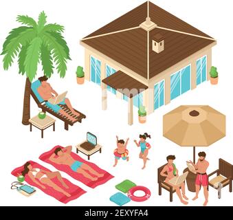 Set of isolated isometric beach house tropic freelance people remote work colourful images with human characters vector illustration Stock Vector