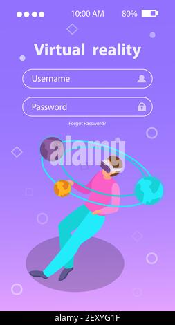 Login form isometric background with person wearing augmented reality goggles 3d vector illustration Stock Vector