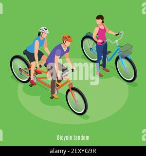 Summer family vacation isometric background with father and daughter riding on tandem bicycle vector illustration Stock Vector