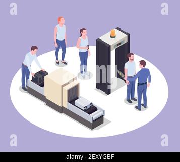 Airport isometric composition with images of scanner devices human characters of passengers and their personal belongings vector illustration Stock Vector