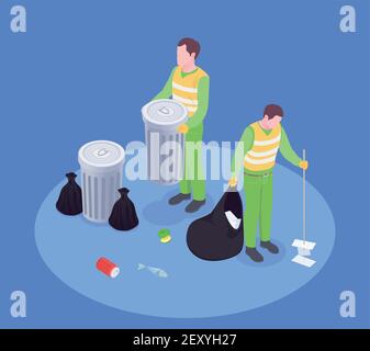 Garbage waste recycling isometric composition with faceless human characters of scavengers with rubbish bins and brush vector illustration Stock Vector