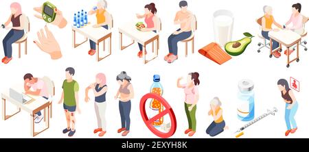 Diabetes isometric icon set with symptoms diet testing blood glucose and restrictions descriptions vector illustration Stock Vector
