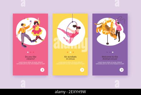 Isometric circus performers show banners collection with compositions of human characters and editable text with buttons vector illustration Stock Vector