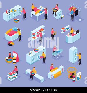 Coin laundry self service room customers equipment process isometric icons set with washing machines dryers vector illustration Stock Vector