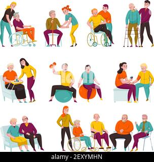 Volunteers helping elderly and disabled people in nursing homes and private apartments flat icons set vector illustration Stock Vector