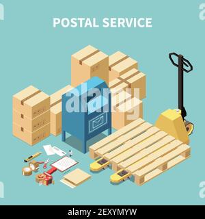 Postal service isometric composition with cardboard boxes and stationery objects Stock Vector