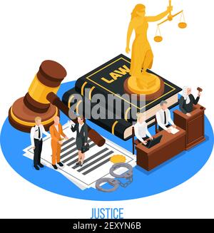 Law justice isometric composition with golden figurine of themis upon book of law with human characters vector illustration Stock Vector