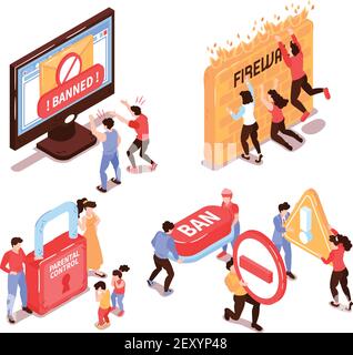 Isometric banned website design concept with human characters and conceptual icons pictograms with computer electronic devices vector illustration Stock Vector