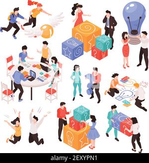 Set of isolated images with isometric teamwork brainstorming creative process situations with human characters and various items vector illustration Stock Vector
