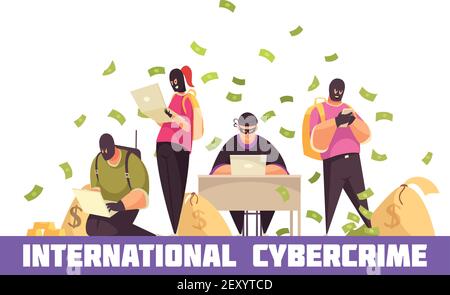 Flat hacker composition with international cybercrime headline and money bills flying around the stealers vector illustration Stock Vector