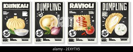 Realistic meat gourmet food banners set of four vertical backgrounds dumplings images with stickers and text vector illustration Stock Vector