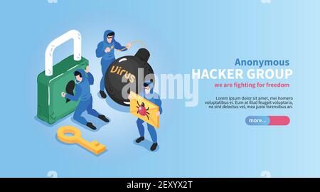 Isometric hacker horizontal banner with editable text slider button and conceptual images of locks bugs viruses vector illustration Stock Vector