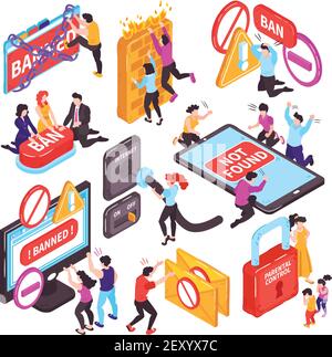 Isometric banned website prohibition set of isolated conceptual images with electronic devices pictogram icons and people vector illustration Stock Vector