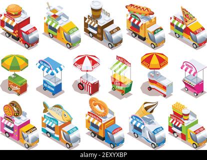 Food trucks and street carts vending fast food drinks and ice cream isometric icons set isolated vector illustration Stock Vector