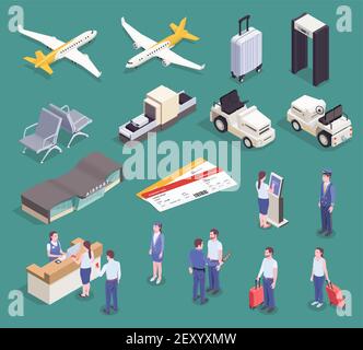 Airport isometric set with isolated images of buildings vehicles appliances and characters of passengers and crew vector illustration Stock Vector