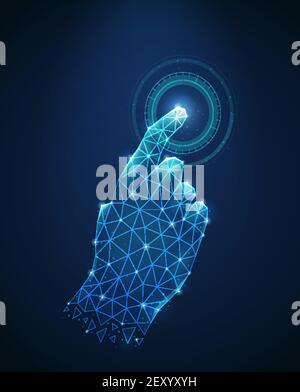 Futuristic blue background with polygonal wireframe image of human hand touch to electronic display abstract vector illustration Stock Vector