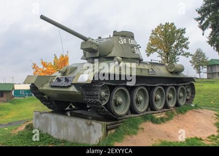 Minsk, Belaraus - October 2, 2012: T-34-Soviet medium tank of the Second World War. The machine is installed in the museum complex Stalin's Line Stock Photo
