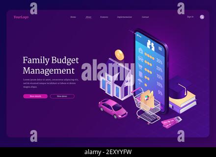 Family budget management isometric landing page. Mobile phone application for financial planning, money income and expenses analytic. Mobile, trolley, car, house and education 3d vector web banner Stock Vector