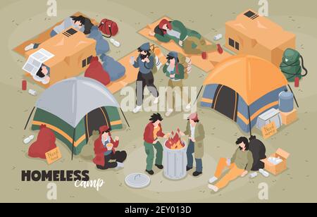 Isometric homeless composition with editable text and view of refugee camp with tents and human characters vector illustration Stock Vector