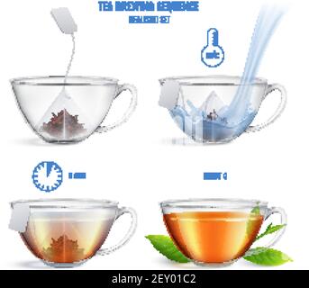 Colored and realistic tea brewing sequence composition with four steps and instructions vector illustration Stock Vector
