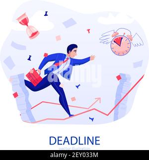 Time management deadline stress flat composition with businessman rushing along rising arrow amidst flying papers vector illustration Stock Vector
