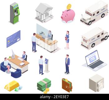 Banking financial isometric icons collection with sixteen isolated images of bank clerks clients money and vehicles vector illustration Stock Vector