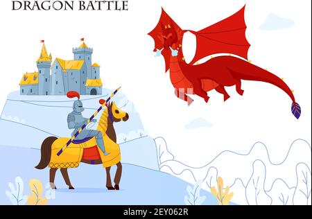 Medieval tale armored rider fighting  flying fire breathing dragon flat colorful composition castle on background vector illustration Stock Vector