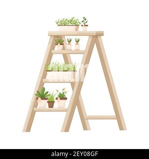 Wood shelving, ladder with potted plants, flowers in cartoon style isolated on white background. Florist, floral shop advertising, decoration. Gardening, seeding element. Vector illustration Stock Vector