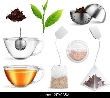 Tea brewing bag realistic icon set different types of tea brewing strainer and tea bag par example vector illustrationK Stock Vector