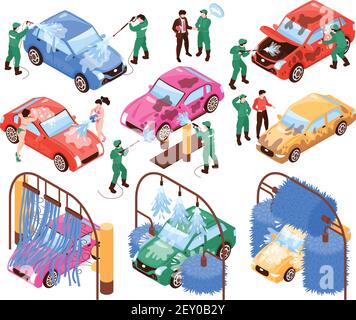Isometric car washing services set of isolated images workers in uniform and cars on blank background vector illustration Stock Vector