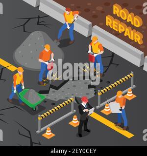 Worker people isometric composition with brigade of road workers performing different tasks on motorway with text vector illustration Stock Vector