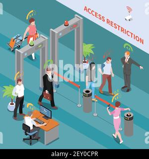 Social credit score system isometric composition with view of security checkpoint and people with rating digits vector illustration Stock Vector