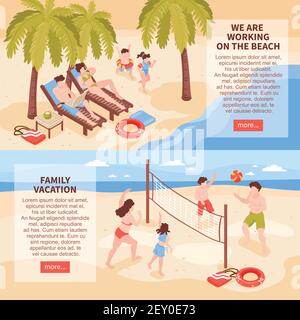 Isometric beach house tropic holidays horizontal banners set with images of family relax with editable text vector illustration Stock Vector