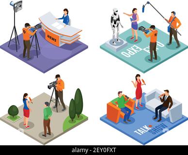 Broadcasting 2x2 design concept set of talk show news expo and street interview isometric compositions vector illustration Stock Vector