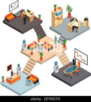 Isometric office multistore composition with five rooms on different floors connected by a staircase vector illustration Stock Vector