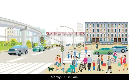 City silhouette with road traffic and elevated train, people on the pavement Stock Vector