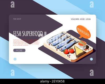 Fish superfood landing page for online shop advertising with fresh delicacies isometric icons vector illustration Stock Vector