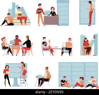 Modern library with outdoor reading area computer catalog online books access flat icons compositions set vector illustration Stock Vector
