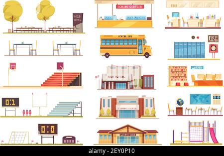 School facilities flat elements collection with sport stadium yellow bus building facade classroom bibliotheek interior vector illustration Stock Vector