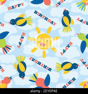 Happy Birthday cartoon bird and laughing sun seamless vector pattern background. Fun backdrop with celebration greetings text and cute flying birds Stock Vector