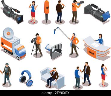 Broadcasting isometric icons set with newsman commentator reporter and people participating in talk show and interview vector illustration Stock Vector